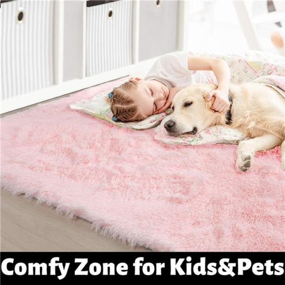 Pink Area Rug for Girls Bedroom,Fluffy Shag 4'X6' Living Room,Furry Carpet Kids - Picture 3 of 6